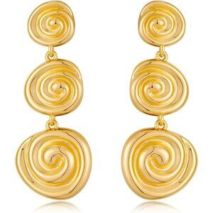 14K B Gold Pleated Boho Hammered Statement Finish Dangle Drop Earring for Women